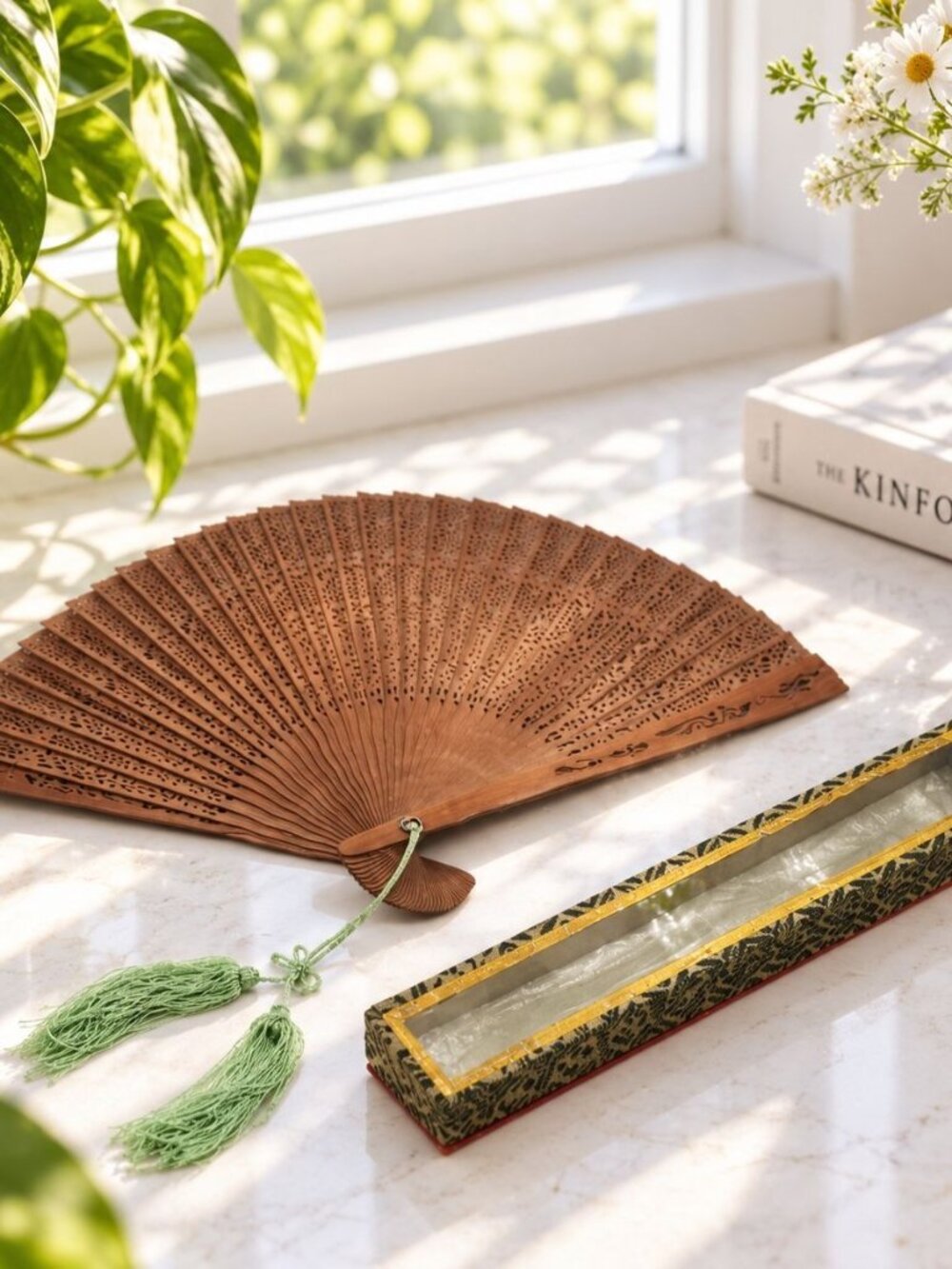 Vintage Wooden Hand Fan With Tassels & Decorative Storage Box Intricate Laser-Cu